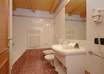 Residence a Campitello di Fassa. I bagni: in questo appartamento 1 bagno è dotato di vasca e doccia, l'altro bagno è dotato di una doccia Jacuzzi con getti molto rilassanti.
Forniamo gli asciugamani da bagno.