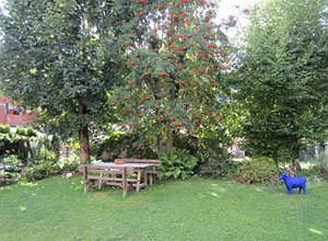Appartamento a Moena. Il giardino si trova dietro la casa e in estate è possibile stendervi la biancheria all'aria. Viene curato con passione dalla padrona di casa.