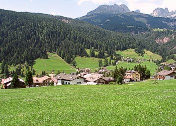 Appartamento a Soraga di Fassa. Questo è ciò che si vede dal terrazzo di casa: distese di prati in fiore e sullo sfondo la Roda di Vael ed i Mugoni.