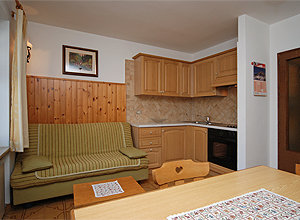 Appartamento a Moena. Gli appartamenti al piano terra sono arredati in stile tradizionale. Sono composti da 2 stanze da letto, un bagno con vasca, un soggiorno con angolo cottura e sono dotati di TV SAT, forno, cucina in vetroceramica e frigorifero.