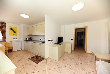 Appartamento a Mazzin - Fraz. Campestrin. L'appartamento n° 1 Aisciuda è composto di una spaziosa cucina-soggiorno con panca ad angolo, completa di bancofrigo con celletta freezer, congelatore grande a parte, lavastoviglie, bollitore, microonde-grill e piastra elettrica in vetro-ceramica, c'è poi la televisione a schermo piatto, lettore dvd e divano-letto, una camera matrimoniale, una camera a due letti singoli separati, doppio balcone ed il bagno grande con doccia, vasca, asciugacapelli e lavatrice. L'appartamento è fornito di wi-fi gratuito, di tutto il necessario che serve in cucina, ed anche in camera cuscini, coperte in lana e trapunte estive; è necessario portare da casa solo la biancheria da bagno, da letto e da cucina.