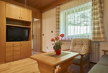 Residence a Canazei. Appartamento di c.ca 46 mq., posto sull’angolo Nord-Ovest al primo piano. È composto da un ampia stanza da letto con grande armadio a porte scorrevoli, letto matrimoniale di m. 2,10 x 2, comodini pensili, luci, specchio grande, tavolino e specchio per la toilette delle signore. Soggiorno con angolo cucina avente piastre e forno elettrico, lavastoviglie, frigorifero, completamente arredato e funzionale. Angolo pranzo con sedie, tavolino basso, divano letto estraibile e poltroncina, letto ad armadio completo. Dispone di armadio guardaroba, TV color, cassaforte, telefono e citofono porta. Grande bagno con doppio lavabo, vasca con box doccia, BD, WC, sgabello, mobili, specchiera. Tutti i soffitti sono rivestiti in legno.