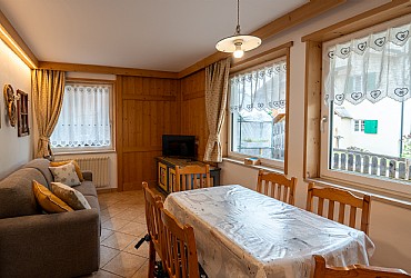Appartamento a Canazei. Appartamento al piano terra,per 3/5 persone,luminosissimo con entrata indipendente,due camere,una a tre letti e una a due,un bagno con lavatrice,cucinino con lavastoviglie,soggiorno con TV sat grande terrazzo in comune con tutta la casa.