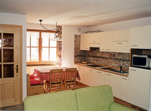 Apartment in San Giovanni di Fassa - Pozza. Threerooms flat: 2 beds bedrooms, kitchen-sittingroom with couchbed, balkon, dishmashine, TV sat, microonde hoover and bad with shower.