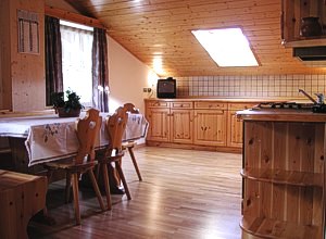 Appartamento a San Giovanni di Fassa - Vigo. Le due mansarde, attigue e simmetriche, sono raggiungibili dalla scala in legno esterna; ampio soggiorno con angolo cottura in cui è presente un comodo divano letto per due persone, camera matrimoniale con poltrona letto per una persona, una seconda camera con due letti, bagno con doccia.
Ogni mansarda ha a disposizione due balconi, uno all'ingresso, ed uno sul retro da cui si accede dalla camera matrimoniale.