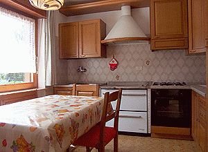 Apartment in Soraga di Fassa. Kitchen with all the kitchen-tools, table and bench.