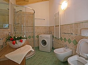 Appartamento a Canazei. bagno con piano in larice e box doccia circolare, lavatrice