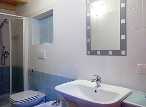 Appartamento a Penia di Canazei. Il bagno è attrezzato con doccia.