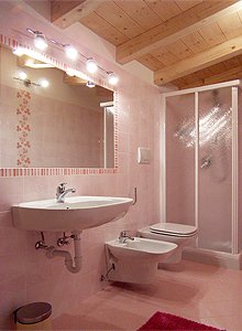 Appartamento a Penia di Canazei. Il bagno è attrezzato con doccia e lavatrice.