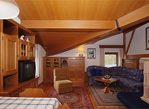 Apartment in Soraga di Fassa. The apartment is located in the attic on the third floor and is 110m². Included in the apartment are: spacious living room, three bed rooms (total of 7 beds), and two bathrooms, one with a shower and one with a tub

Services:
      
washing machine 
dishwasher 
tv with satellite 
microwave oven 
ski room 
garden 
parking 
bed sheets and bath towels (on request) 
