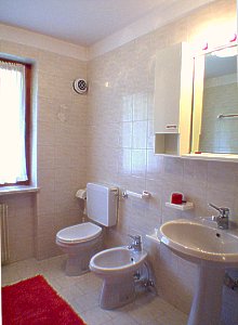 Appartamento a Moena. Ampio bagno, pulitissimo, con vasca e box doccia, lavatrice.