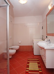 Appartamento a Soraga di Fassa. Lo stile moderno caratterizza l'ambiente che è reso piacevolmente caldo da una scelta di colori che lo  valorizza in ogni particolare. Un termo scaldasalviette e la lavatrice completano l'arredo del bagno.
Il riscaldamento è affidato al moderno sistema di caldo a pavimento.