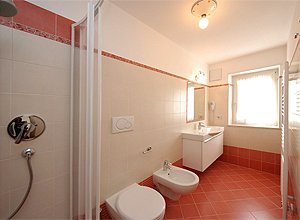 Appartamento a Canazei. Secondo bagno, finestrato, con doccia e fono per capelli.