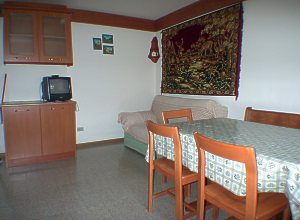 Appartamento a Canazei. L’appartamento si trova al secondo piano, ha una superficie di 55 mq. Dispone di 2 camere con 2 letti ciascuna (possibilità di renderli singoli o matrimoniale), cassaforte, 1 soggiorno abitabile con angolo cottura, divano e TV-sat, 1 bagno completo, 2 balconi, e riscaldamento centrale.