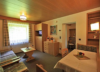 Residence - Canazei. Die Wohnung ca. 45 qm., groß (max. 4 Personen) befindet sich im 2. Stock des Hauses und hat einen Balkon nach Nord-Osten. Sie setzt sich zusammen aus einem Schlafzimmer mit großem Doppelbett (2,10 m x 2,00 m) großer Kleiderschrank (3 m) mit Schiebetüren und Spiegeltüre, -ein Wohnzimmer mit Klappbett, Ausziehcouch, Sitzecke; Essecke, Kleiderschrank, diverse Schränke, -eine Küche mit Türe zum Wohnzimmer, mit Heißluftbackofen mit Grill, Glaskeramik-Elektroplatten, Geschirrspüler, Spüle, Kühlschrank, -ein Bad mit Fenster, Badewanne mit Duschwand, Waschbecken, WC und Bidet. Schlafzimmer und Bad sind leichte Mansarde. Die Wohnung verfügt außerdem über einen kleinen Flur mit Garderobe und einen großen Abstellraum.