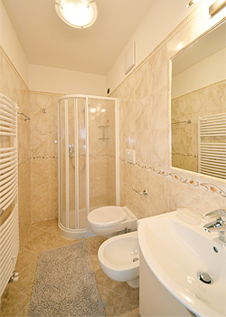Appartamento a Moena. Un bagno arredato sui toni del nocciola ha la doccia, un caldo termo- bagno completa l'arredamento.