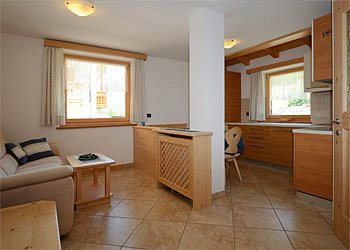 Appartamento a San Giovanni di Fassa - Pozza. Appartamento al piano rialzato per 4-5 persone composto da 2 camere, 2 bagni, cucina-soggiorno in locale unico, lavastoviglie, Tv satellitare, asciugacapelli, lavatrice e piccolo giardino esterno.