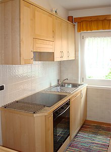 Appartamento a Moena. cucinino con piano cottura in vetroceramica,forno elettrico + microonde, lavastoviglie