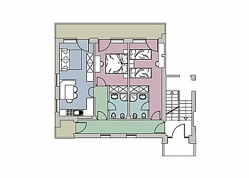 Appartamento a Campitello di Fassa. App. nr. 1 (Trilo 6) -  2 camere, 2 bagni, cucina e soggiorno con divano letto (Appartamento piano rialzato 70 mq)