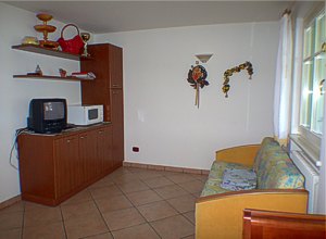 Резиденции - Campitello di Fassa. Квартира №1: фрагмент гостиной с диван - кроватью, телевизором и микроволновой печью.
