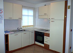 Резиденции - Campitello di Fassa. Квартира № 1: фрагмент кухни - гостиной с духовкой, посудомоечной машиной, большим холодильником с морозильной камерой.