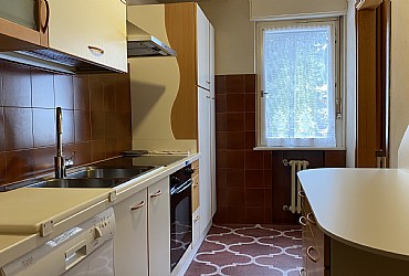 Appartamento a Moena. Cucinino attrezzato di gas, forno, frigorifero e lavastoviglie.