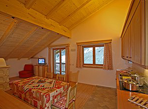 Appartamento a Canazei. Tipica mansarda con soggiorno e angolo cottura con pavimento in larice e tetto in abete, balcone. Schermo da 32 pollici, Tv satellitare, internet wirless, cassaforte.