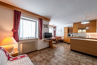 Appartamento a Canazei. l'appartamento vi accoglierà in un luminoso soggiorno con comodo divano e angolo cottura ben attrezzato