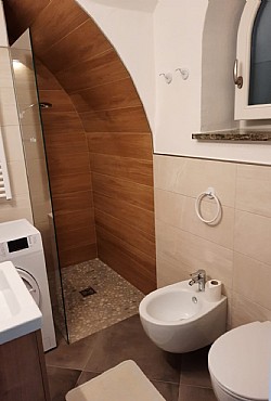 Appartamento a Soraga di Fassa. Il servizio principale dell'appartamento comprende la doccia (ricavata nel volto a mo' di botte), lavandino, WC, bidet e lavatrice. Finestrato e molto particolare nelle rifiniture.